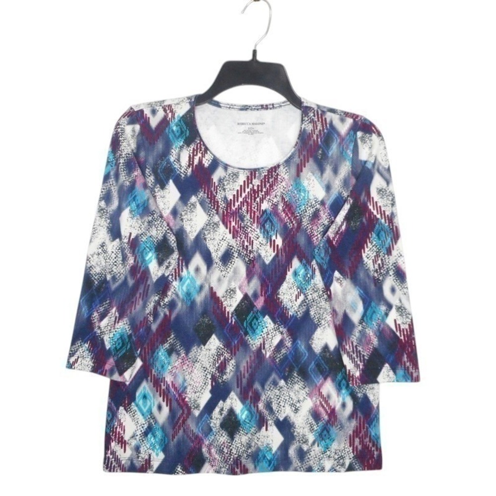 Rebecca Malone Top Small Blue Multi 3/4 Sleeve Round Neck Diamond Pattern Casual